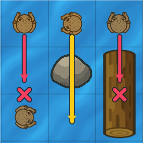 The edge toads have blocked landing cells, while the middle toad can jump over the rock into the open square.